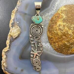 Alex Sanchez Sterling Silver Petroglyph & Turquoise Long Unisex Pendant